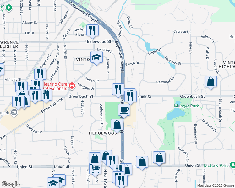 map of restaurants, bars, coffee shops, grocery stores, and more near 3102 Greenbush Street in Lafayette