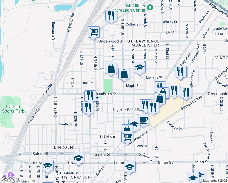 map of restaurants, bars, coffee shops, grocery stores, and more near 1712 Greenbush Street in Lafayette