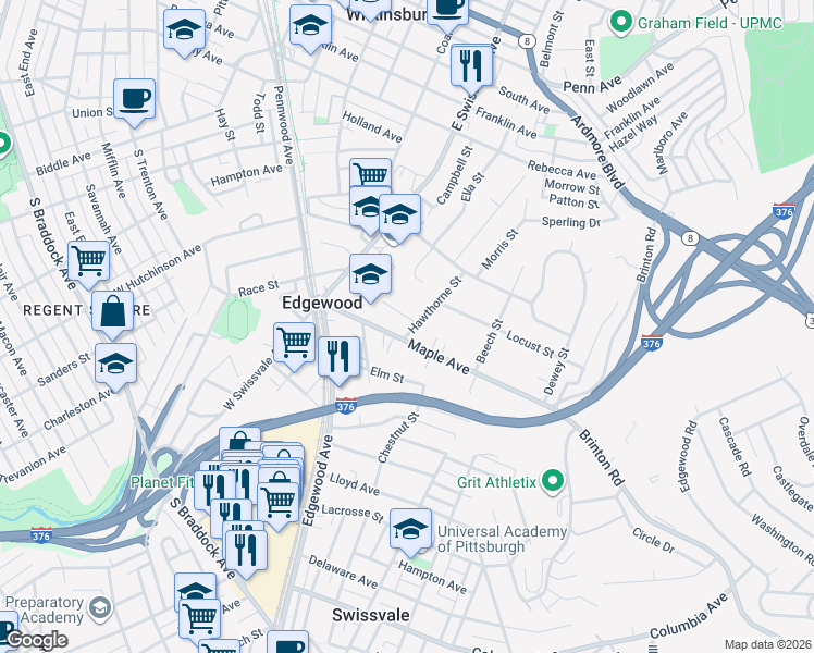 map of restaurants, bars, coffee shops, grocery stores, and more near 107 Hawthorne Street in Pittsburgh
