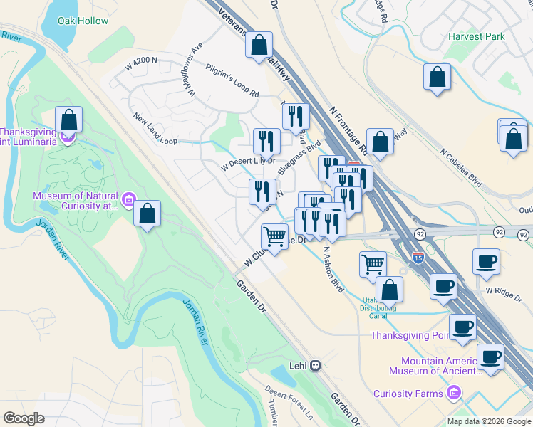 map of restaurants, bars, coffee shops, grocery stores, and more near 3123 West Wildflower Lane in Lehi