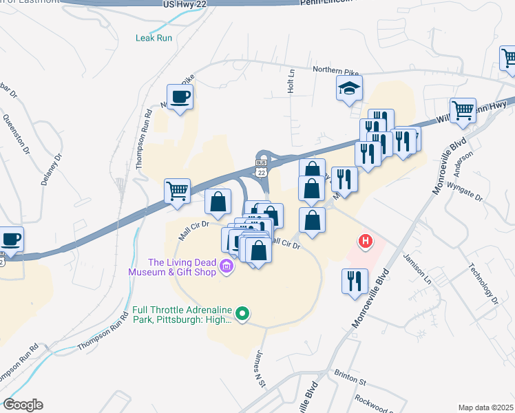 map of restaurants, bars, coffee shops, grocery stores, and more near 105 Mall Boulevard in Monroeville