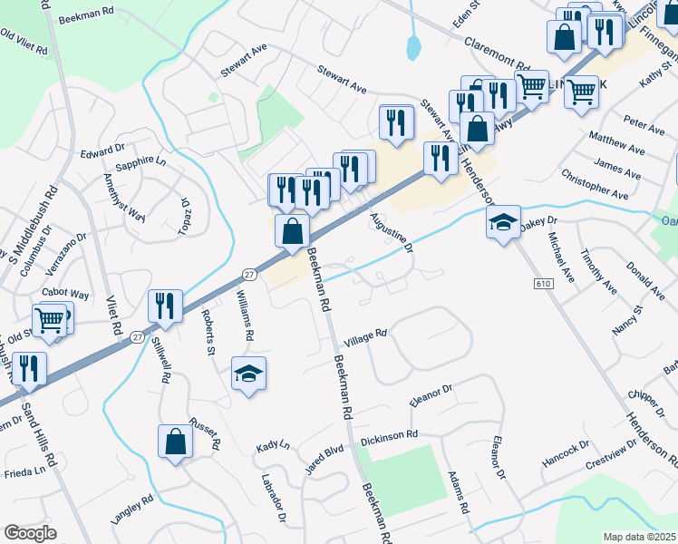 map of restaurants, bars, coffee shops, grocery stores, and more near 164 Susan Court in South Brunswick Township