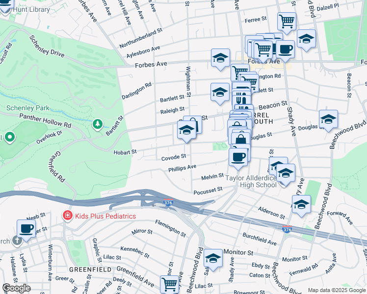 map of restaurants, bars, coffee shops, grocery stores, and more near 5562 Hobart Street in Pittsburgh