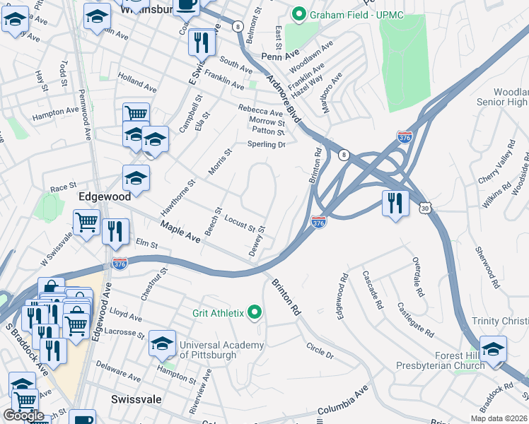 map of restaurants, bars, coffee shops, grocery stores, and more near 229 Dewey Street in Pittsburgh
