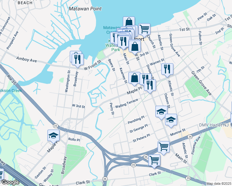 map of restaurants, bars, coffee shops, grocery stores, and more near 95 Maple Place in Keyport