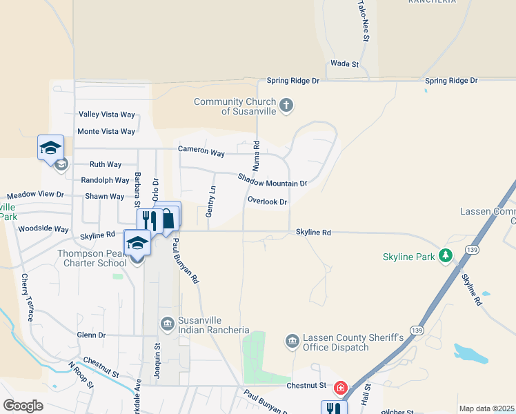 map of restaurants, bars, coffee shops, grocery stores, and more near 1100 Overlook Drive in Susanville