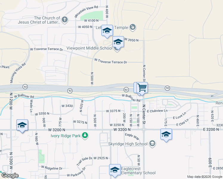 map of restaurants, bars, coffee shops, grocery stores, and more near Timpanogos Highway Commuter Lane in Lehi