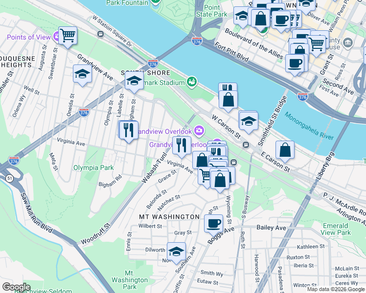 map of restaurants, bars, coffee shops, grocery stores, and more near 129 Kearsarge Street in Pittsburgh