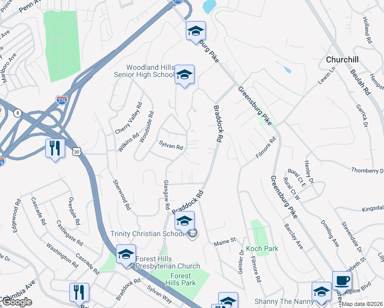 map of restaurants, bars, coffee shops, grocery stores, and more near 316 Glasgow Road in Pittsburgh