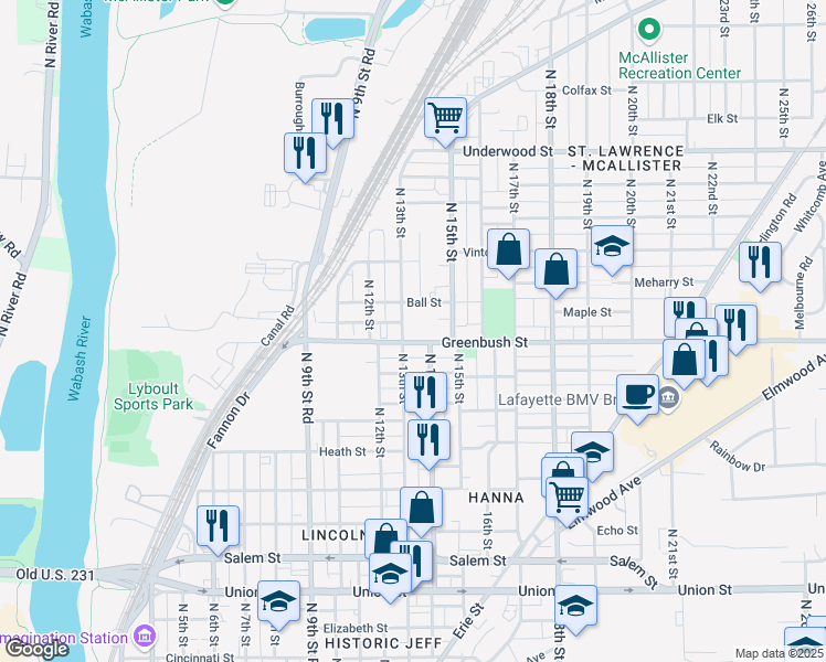 map of restaurants, bars, coffee shops, grocery stores, and more near 1308 Greenbush Street in Lafayette