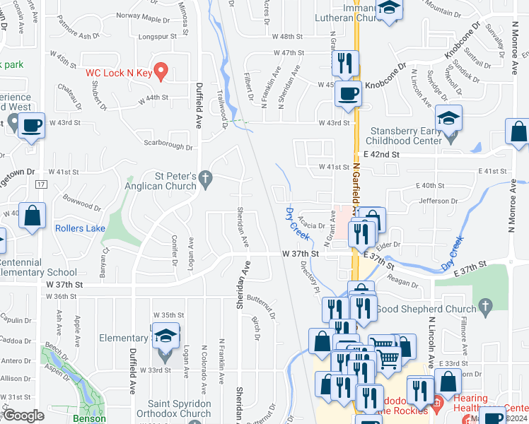 map of restaurants, bars, coffee shops, grocery stores, and more near 3786 Butternut Avenue in Loveland