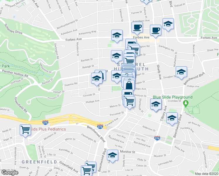 map of restaurants, bars, coffee shops, grocery stores, and more near 5640 Hobart Street in Pittsburgh