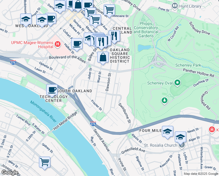 map of restaurants, bars, coffee shops, grocery stores, and more near 3323 Parkview Avenue in Pittsburgh