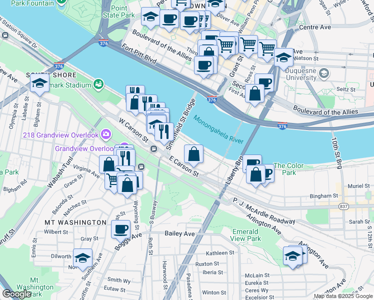 map of restaurants, bars, coffee shops, grocery stores, and more near 108-170 East Station Square Drive in Pittsburgh