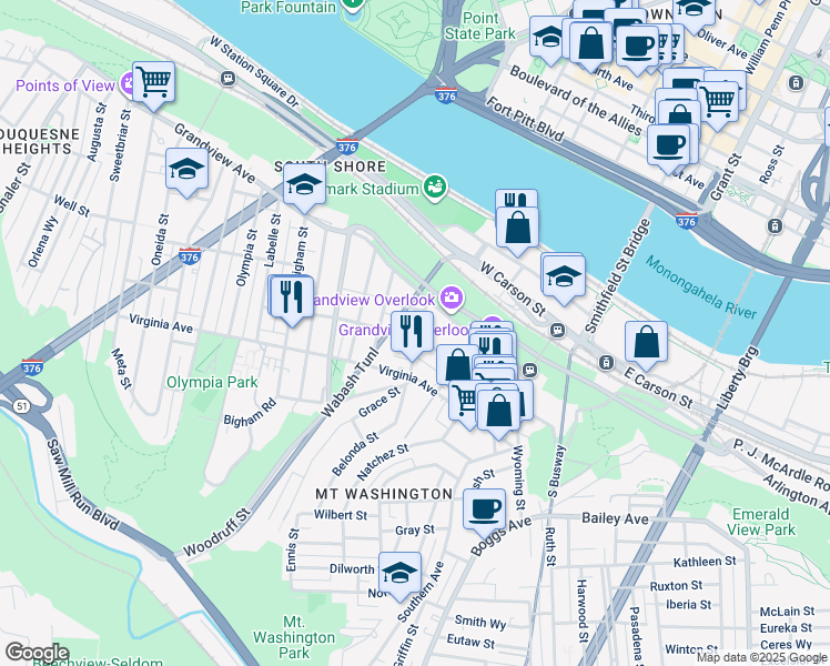 map of restaurants, bars, coffee shops, grocery stores, and more near 129 Kearsarge Street in Pittsburgh
