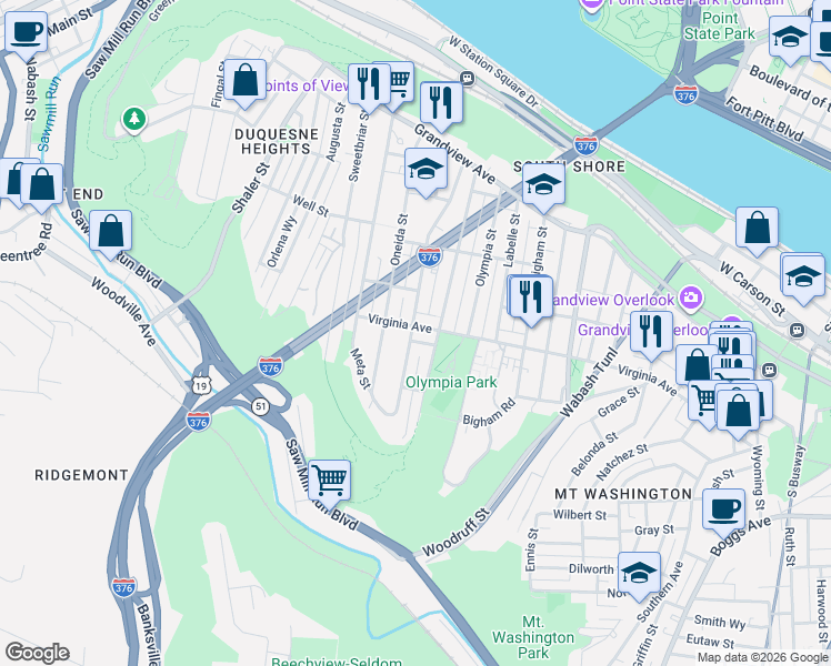 map of restaurants, bars, coffee shops, grocery stores, and more near 1104 Virginia Avenue in Pittsburgh