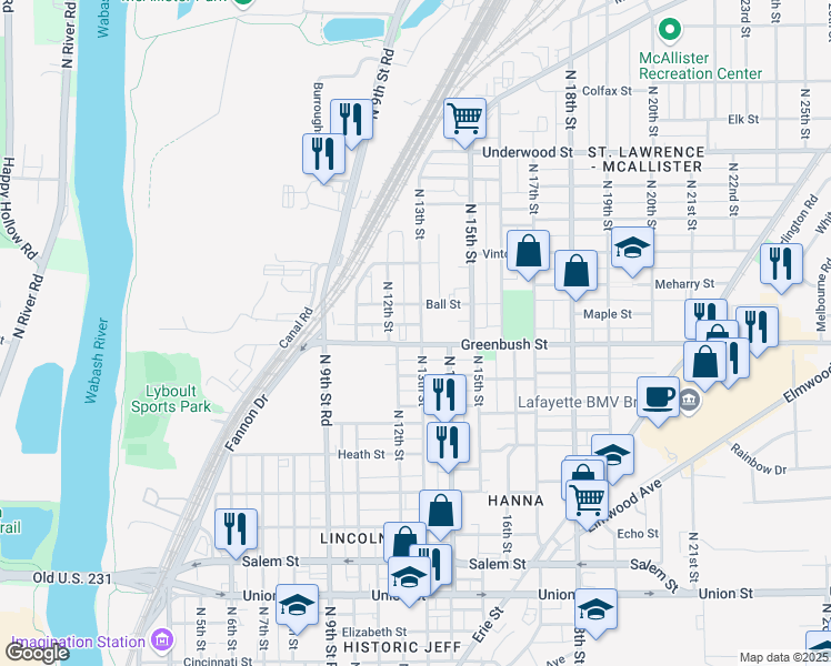 map of restaurants, bars, coffee shops, grocery stores, and more near 1308 Greenbush Street in Lafayette