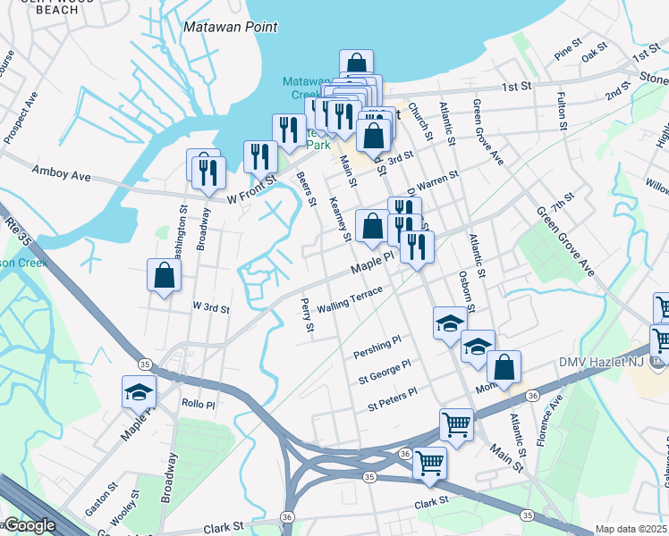 map of restaurants, bars, coffee shops, grocery stores, and more near 95 Maple Place in Keyport