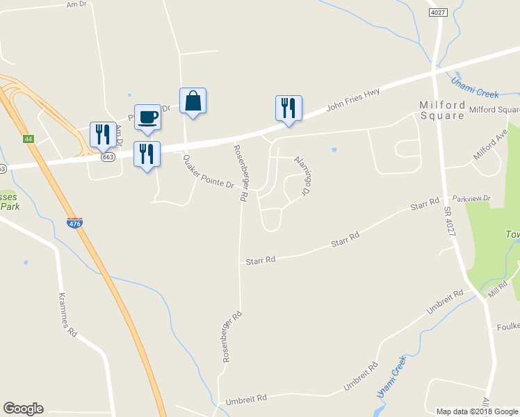 map of restaurants, bars, coffee shops, grocery stores, and more near 1949 Alamingo Drive in Quakertown