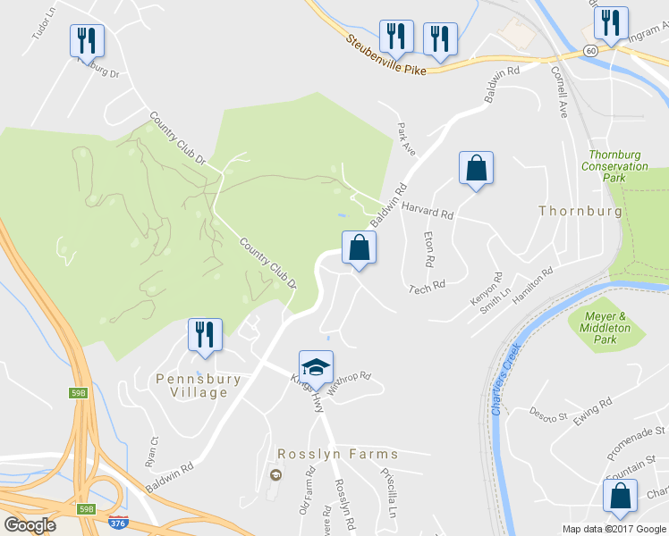 map of restaurants, bars, coffee shops, grocery stores, and more near 510 Thorncliffe Drive in Pittsburgh