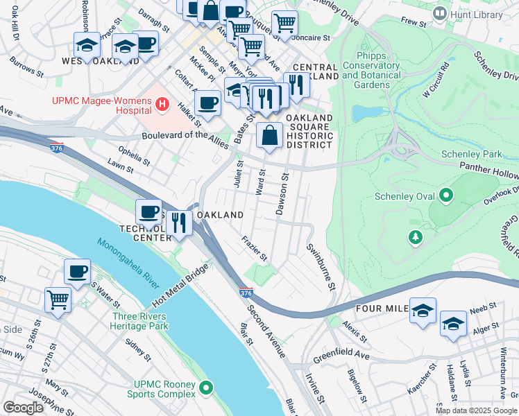 map of restaurants, bars, coffee shops, grocery stores, and more near in Pittsburgh