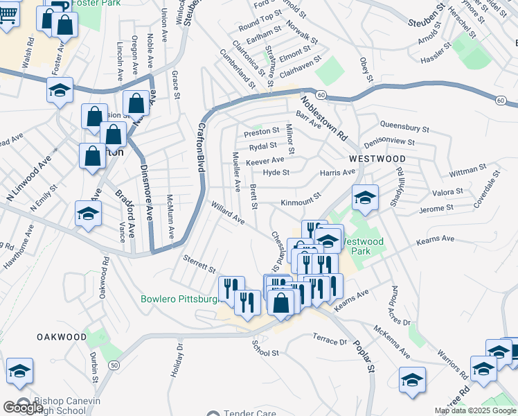 map of restaurants, bars, coffee shops, grocery stores, and more near 425 Brett Street in Pittsburgh