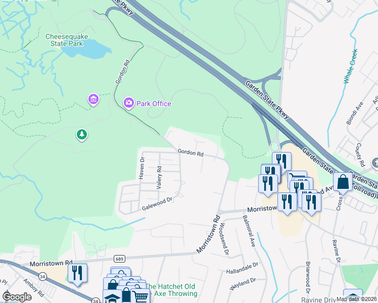 map of restaurants, bars, coffee shops, grocery stores, and more near 279 Gordon Road in Matawan