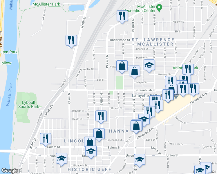 map of restaurants, bars, coffee shops, grocery stores, and more near 1509 North 15th Street in Lafayette