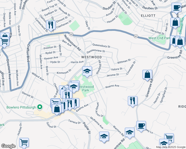 map of restaurants, bars, coffee shops, grocery stores, and more near 414 Shadyhill Rd in Pittsburgh