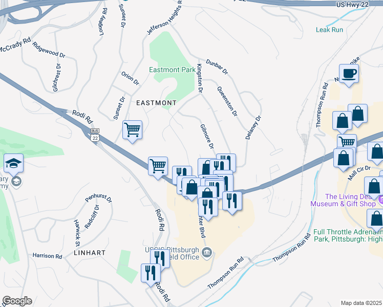 map of restaurants, bars, coffee shops, grocery stores, and more near 333 Frazier Drive in Pittsburgh