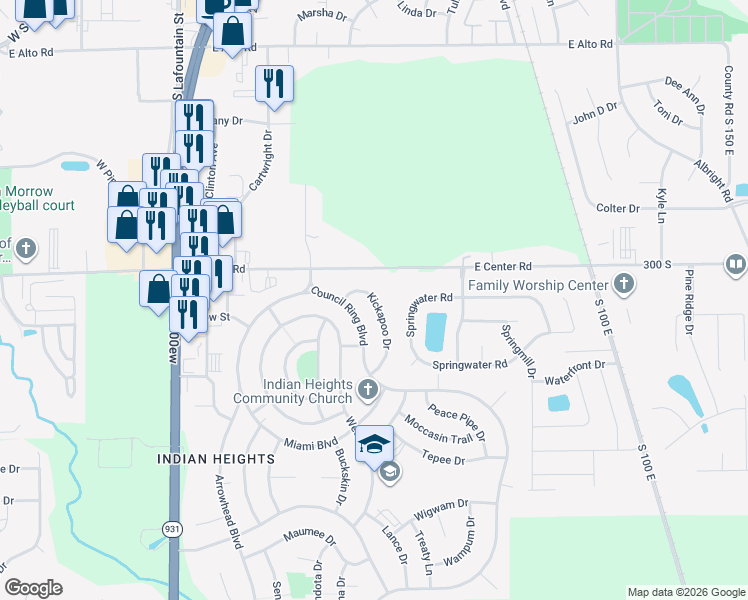 map of restaurants, bars, coffee shops, grocery stores, and more near 4936 Kickapoo Drive in Kokomo