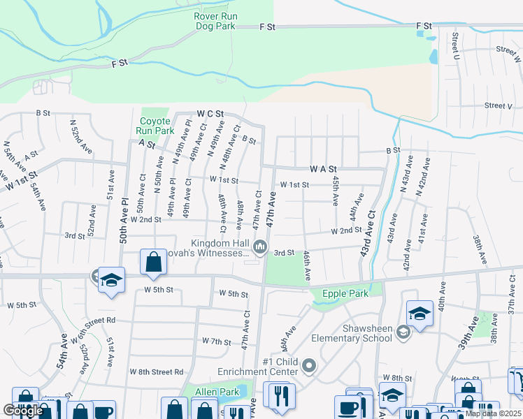 map of restaurants, bars, coffee shops, grocery stores, and more near 156 47th Avenue Court in Greeley