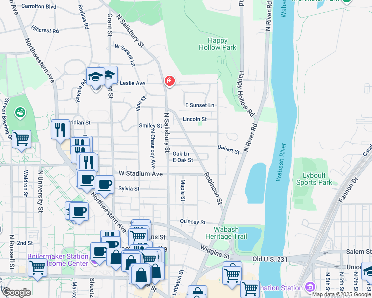 map of restaurants, bars, coffee shops, grocery stores, and more near 131 Dehart Street in West Lafayette
