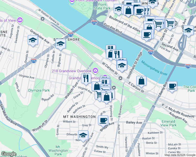 map of restaurants, bars, coffee shops, grocery stores, and more near 215 Grandview Avenue in Pittsburgh