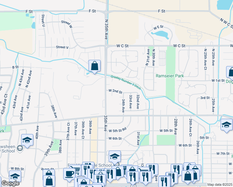 map of restaurants, bars, coffee shops, grocery stores, and more near 3440 West 2nd Street in Greeley