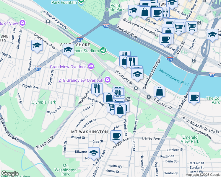 map of restaurants, bars, coffee shops, grocery stores, and more near 215 Grandview Avenue in Pittsburgh