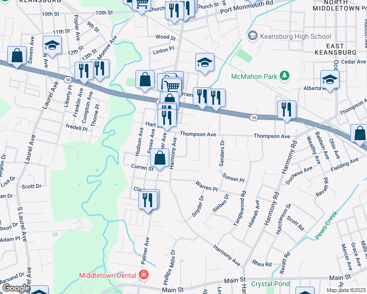 map of restaurants, bars, coffee shops, grocery stores, and more near 507 Thompson Place in Middletown Township