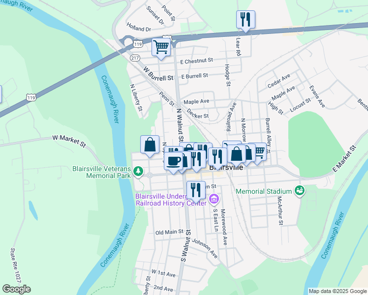 map of restaurants, bars, coffee shops, grocery stores, and more near 134 North Walnut Street in Blairsville
