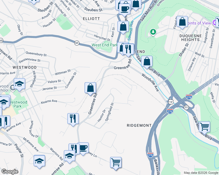 map of restaurants, bars, coffee shops, grocery stores, and more near 476 Ridgemont Drive in Pittsburgh