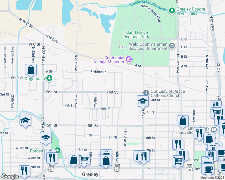 map of restaurants, bars, coffee shops, grocery stores, and more near 147 16th Avenue Court in Greeley