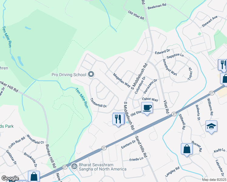 map of restaurants, bars, coffee shops, grocery stores, and more near 42 Timberhill Drive in Franklin Township