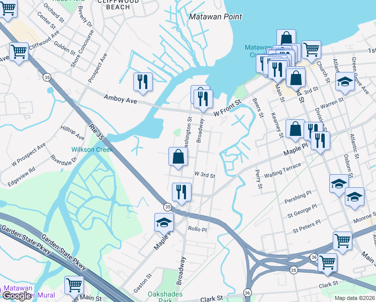 map of restaurants, bars, coffee shops, grocery stores, and more near 127 Washington Street in Keyport