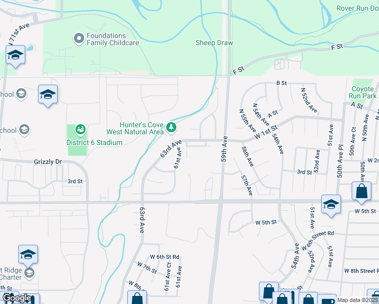 map of restaurants, bars, coffee shops, grocery stores, and more near 9 West 1st Street in Greeley