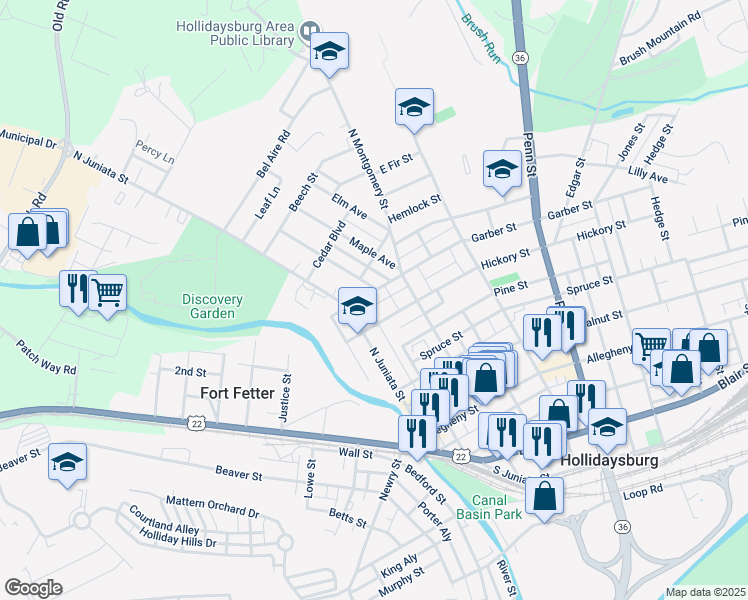 map of restaurants, bars, coffee shops, grocery stores, and more near 118 Garber Street in Hollidaysburg