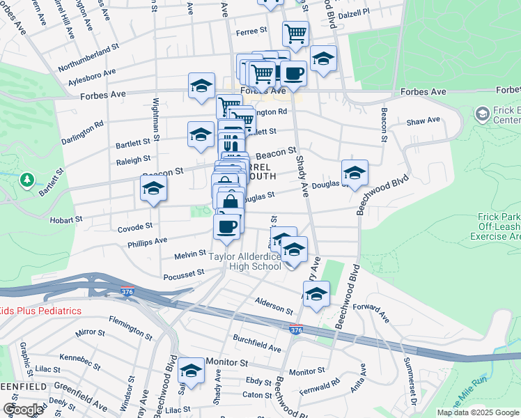 map of restaurants, bars, coffee shops, grocery stores, and more near 5841 Phillips Avenue in Pittsburgh