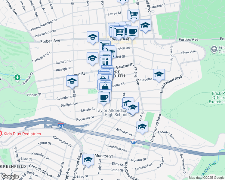 map of restaurants, bars, coffee shops, grocery stores, and more near 5841 Phillips Avenue in Pittsburgh