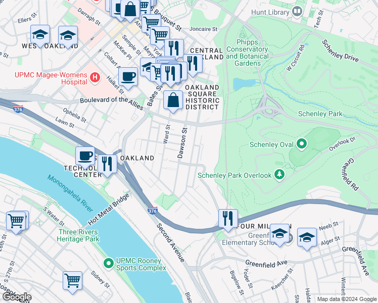 map of restaurants, bars, coffee shops, grocery stores, and more near 3323 Parkview Avenue in Pittsburgh