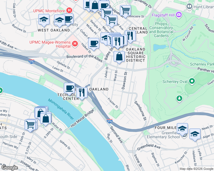 map of restaurants, bars, coffee shops, grocery stores, and more near 3245 Hardie Way in Pittsburgh