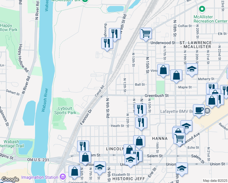 map of restaurants, bars, coffee shops, grocery stores, and more near 1507 North 10th Street in Lafayette