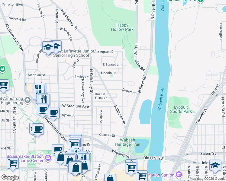 map of restaurants, bars, coffee shops, grocery stores, and more near 603 Oak Lane in West Lafayette